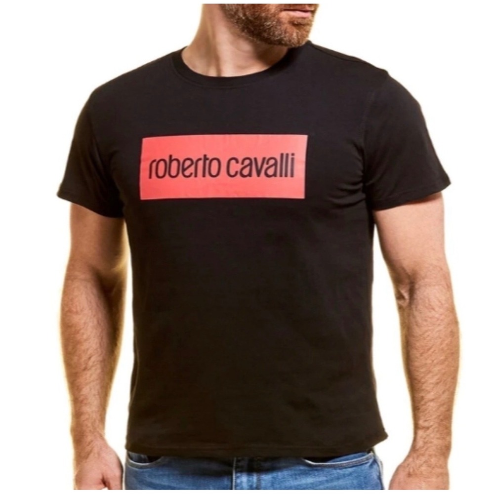 H2 Roberto Cavalli Mens Black Red Box Logo Graphic T-Shirt‎ Short Sleeve Size S